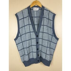 Vintage Clipper Mist Plaid Knit Sweater Vest Blue Grey Grandpacore Men’s L